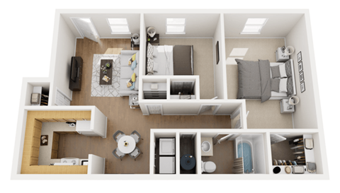 a 3d floor plan of a house with a bedroom and a living room